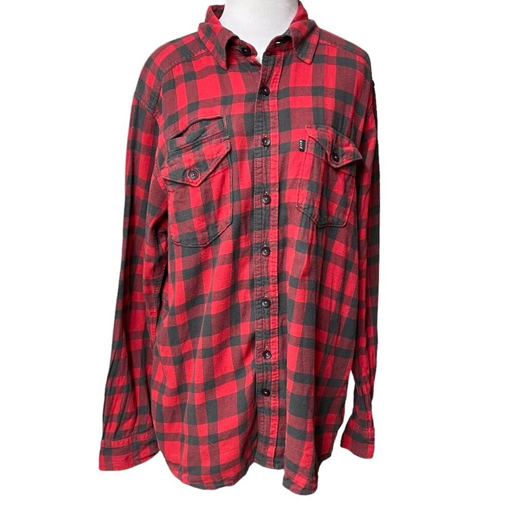 Kavu Red Black Buffalo Plaid Flannel Shirt Large Long Sleeve Button Down Top